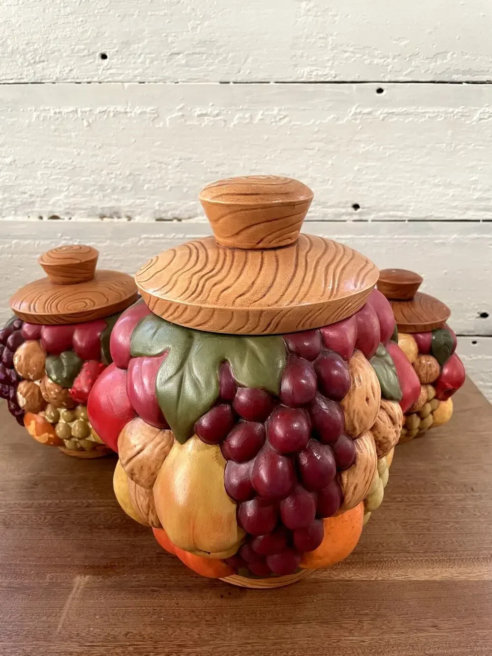 Vintage Fruit & Nut Canister Set of 3 Sculptural Ceramic Kitchen Jars With Lids